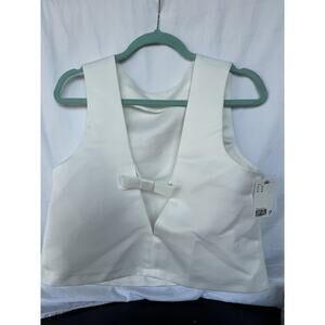 H&M White Bow Front Linen Crop Top Sz Med Sleeveless V Neck Minimalist Y2K